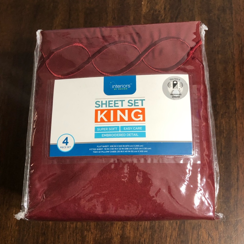 Burgundy King Sheet 4piece set embroidered  detail.